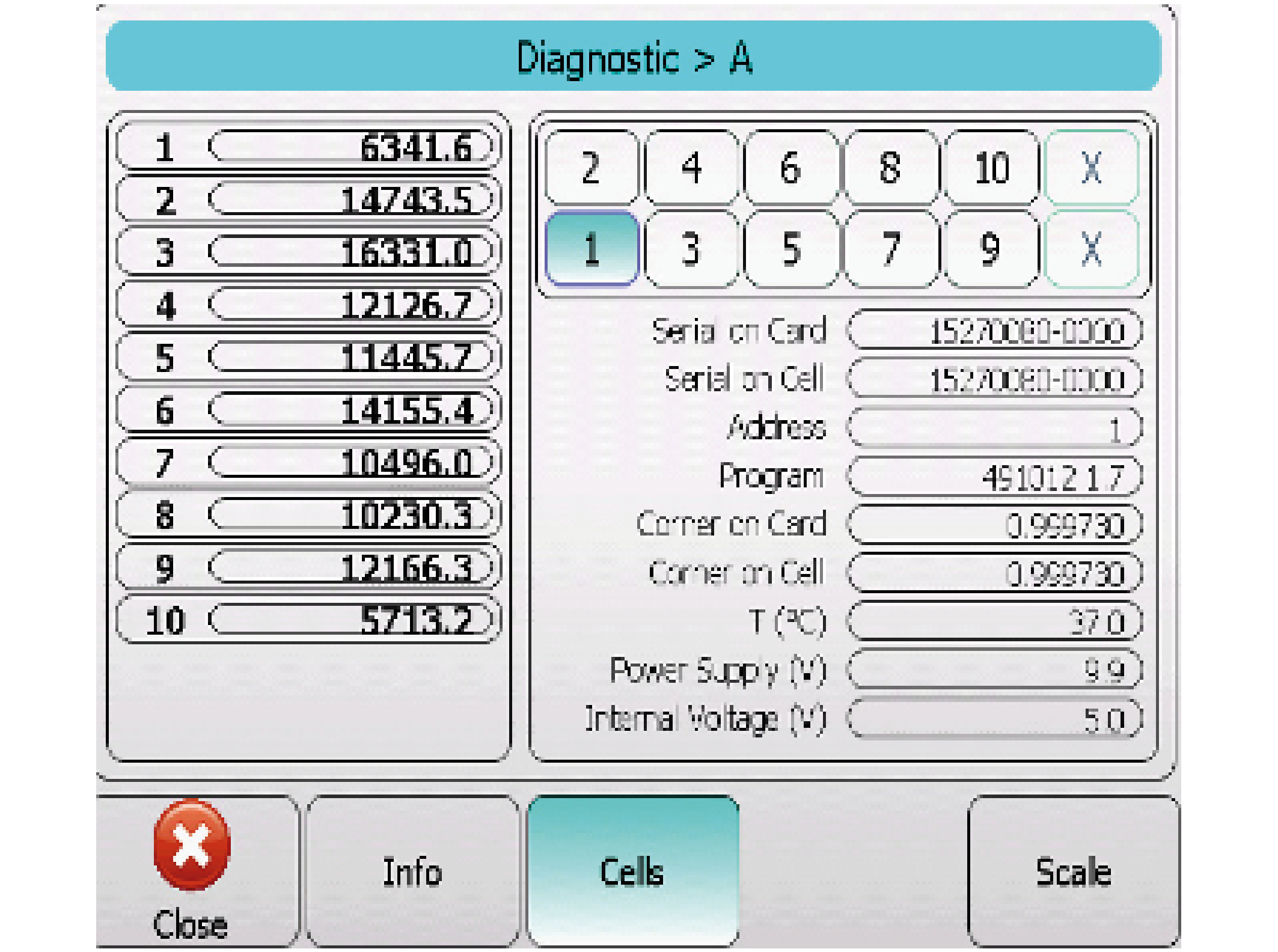 View of the Bilanciai DD in built load cell diagnostic menu